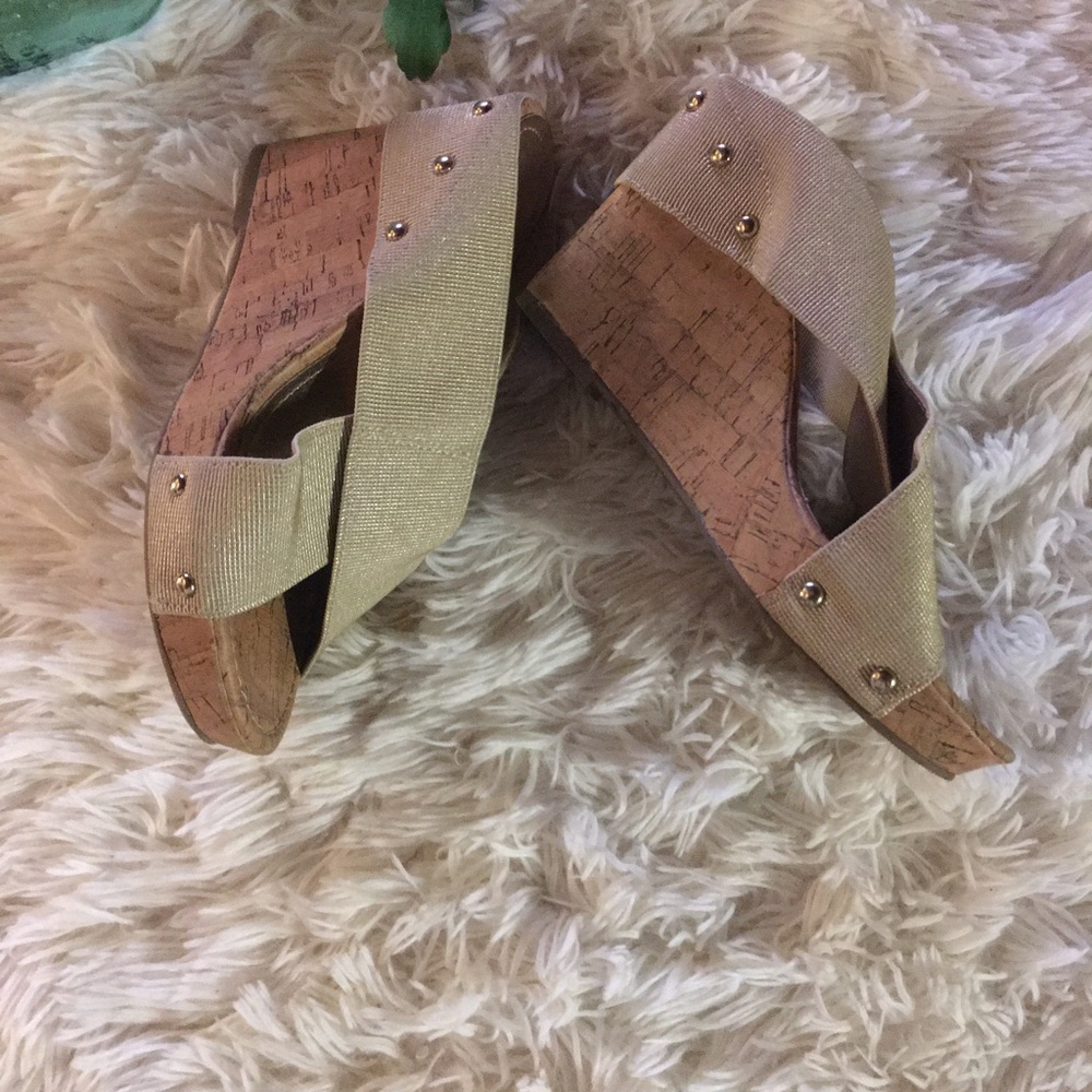 Madden girl-  Gold shimmer color, wedge, slip on  with stretchy straps. Sz 8
